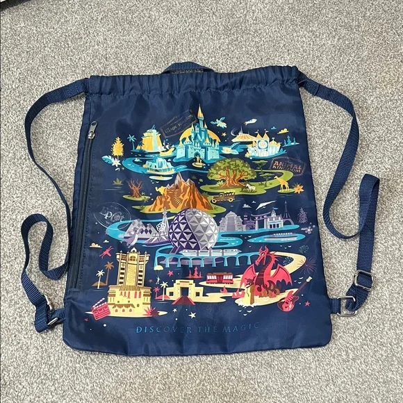 Disney Navy Blue Drawstring Bag with Colorful Park Design - Picture 2 of 5